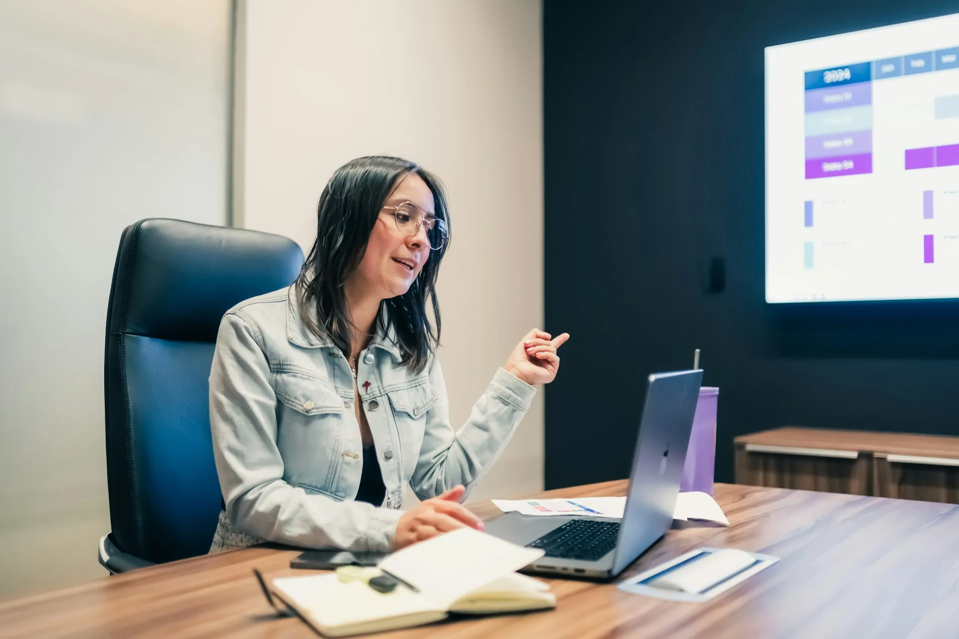 Professional presenting during an online business meeting