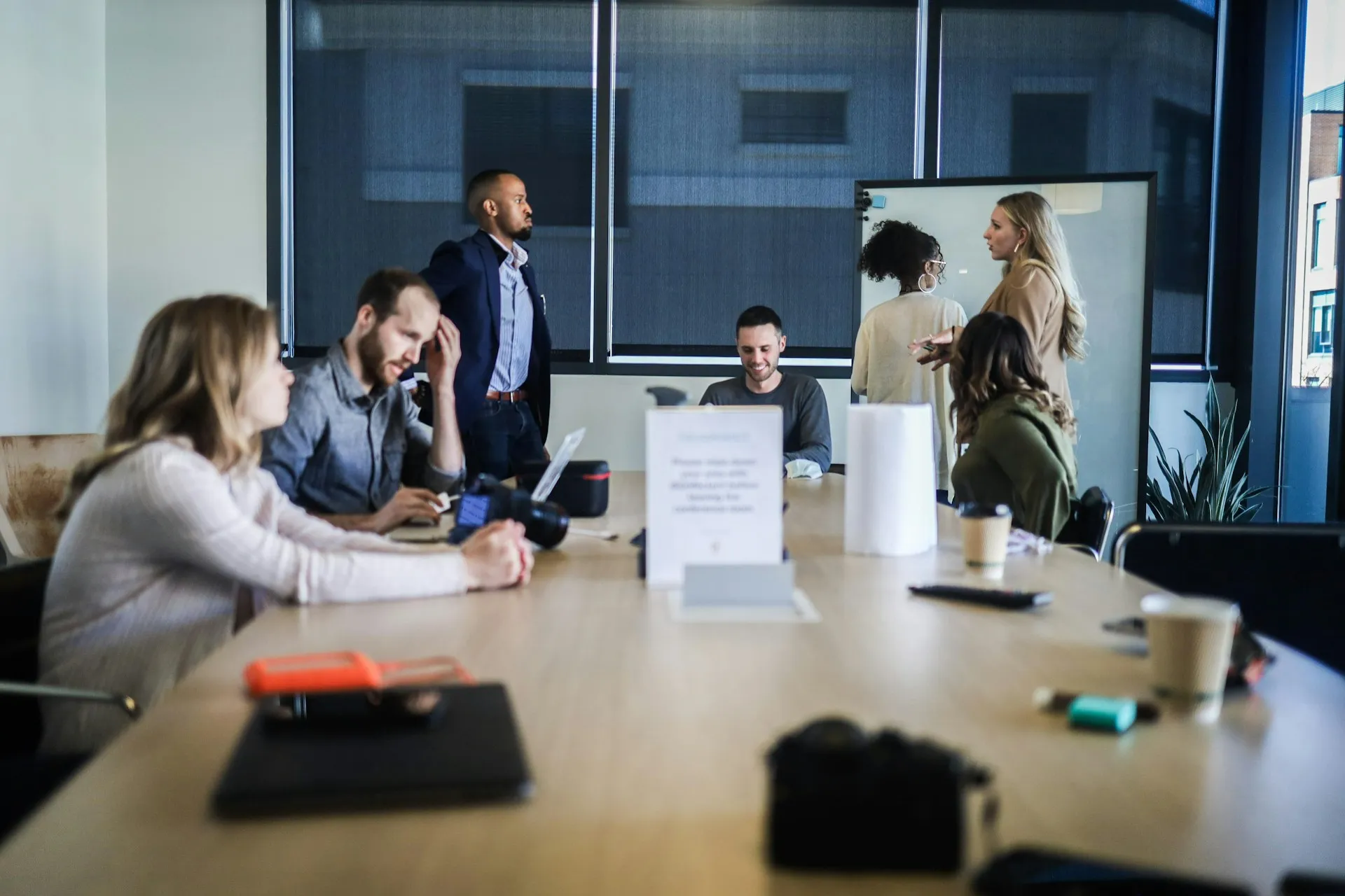 Team collaborating and discussing ideas during a business meeting